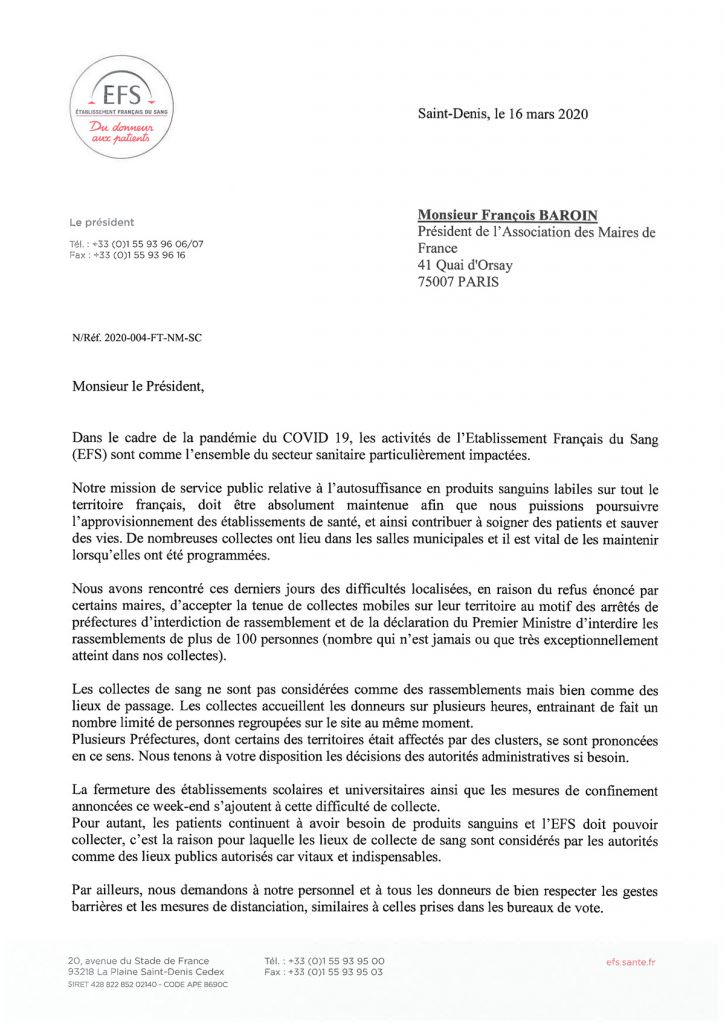 Courrier EFS don du sang