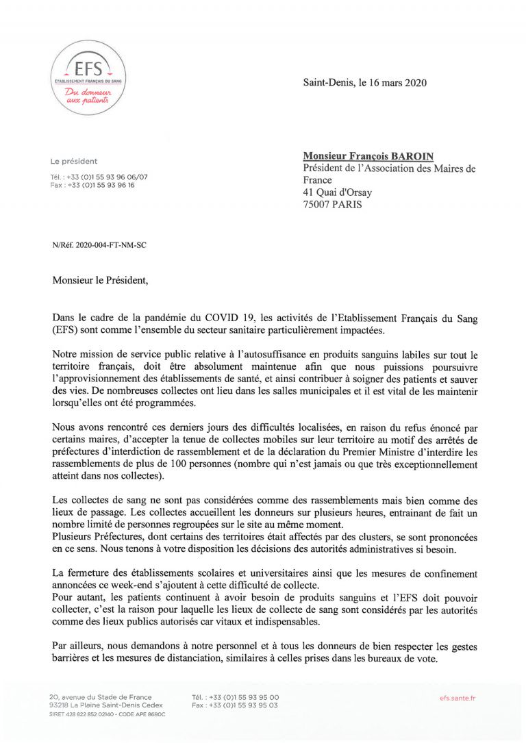 Courrier EFS don du sang